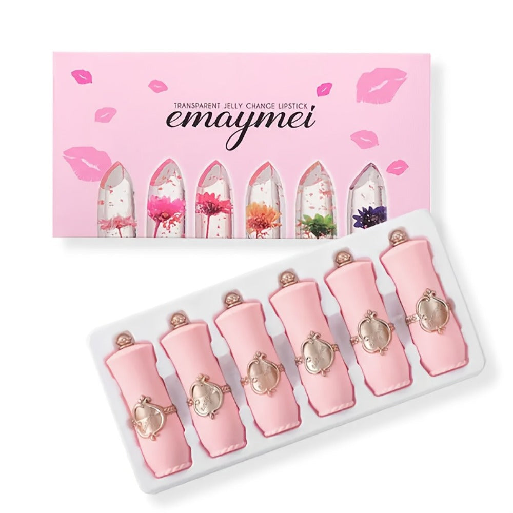 Lipstick Set, emaymei 6-Piece Transparent Flower-Core Jelly Collection in Ornate Pink Cases — image 3