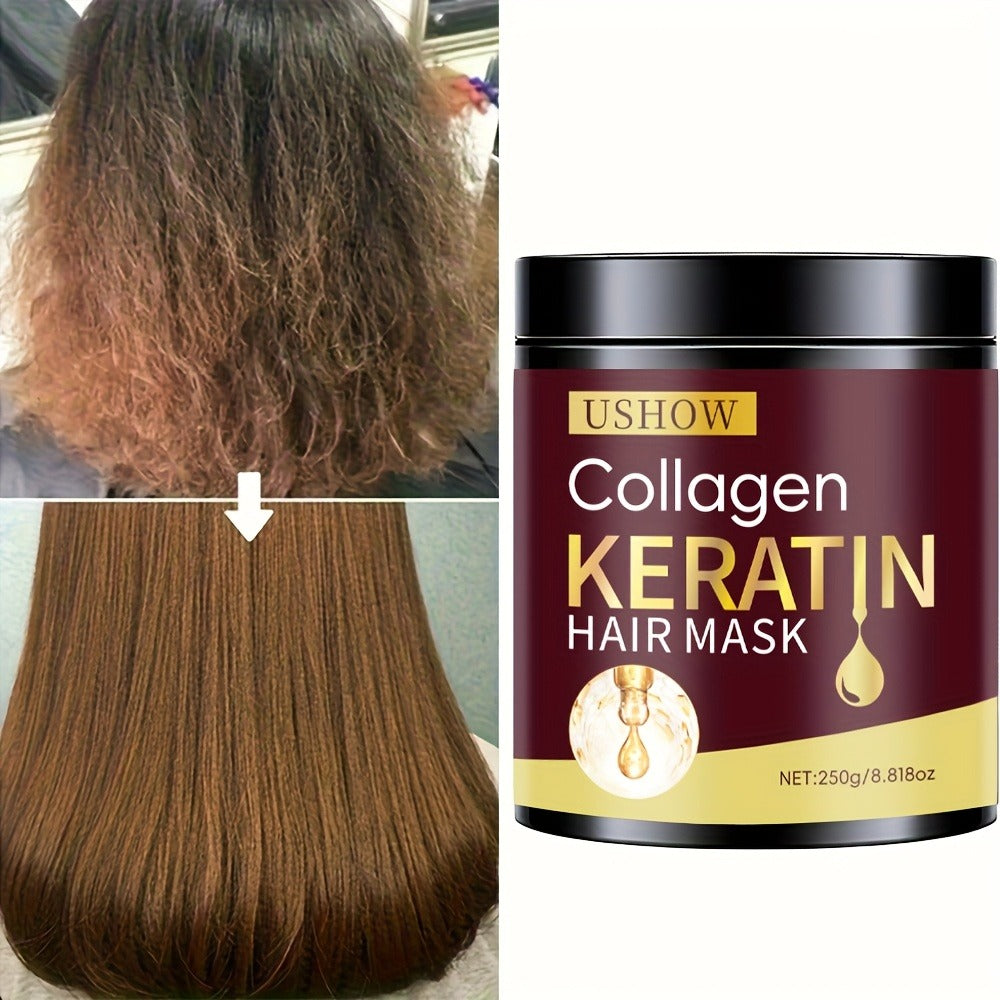 USHOW 250g Collagen and Keratin Hair Mask in Round Jar with Black Screw-Top Lid and Gold-Trim Label — image 2