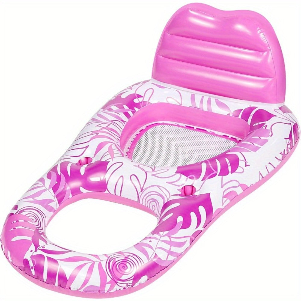 Pink Tropical Inflatable Pool Recliner Float, 60 x 36 x 24 Inches with Mesh Seat and Cup Holder — image 8