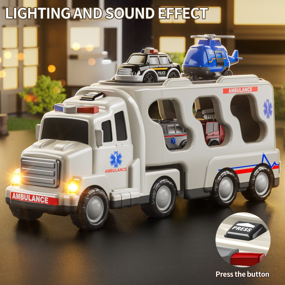 Ambulance Truck Toy 5-in-1 Carrier Set with Lights & Sounds, Friction Power Emergency Vehicle Playset for Kids Boys Ages 3+ —