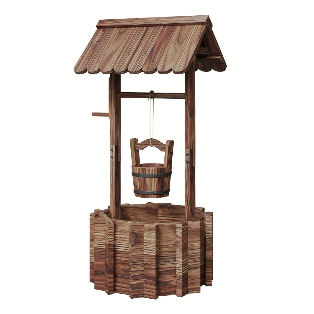 Wishing Well Planter Outdoor Wooden Rustic Garden Decor with Hanging Bucket Barrel Style for Patio Lawn Yard — image 2