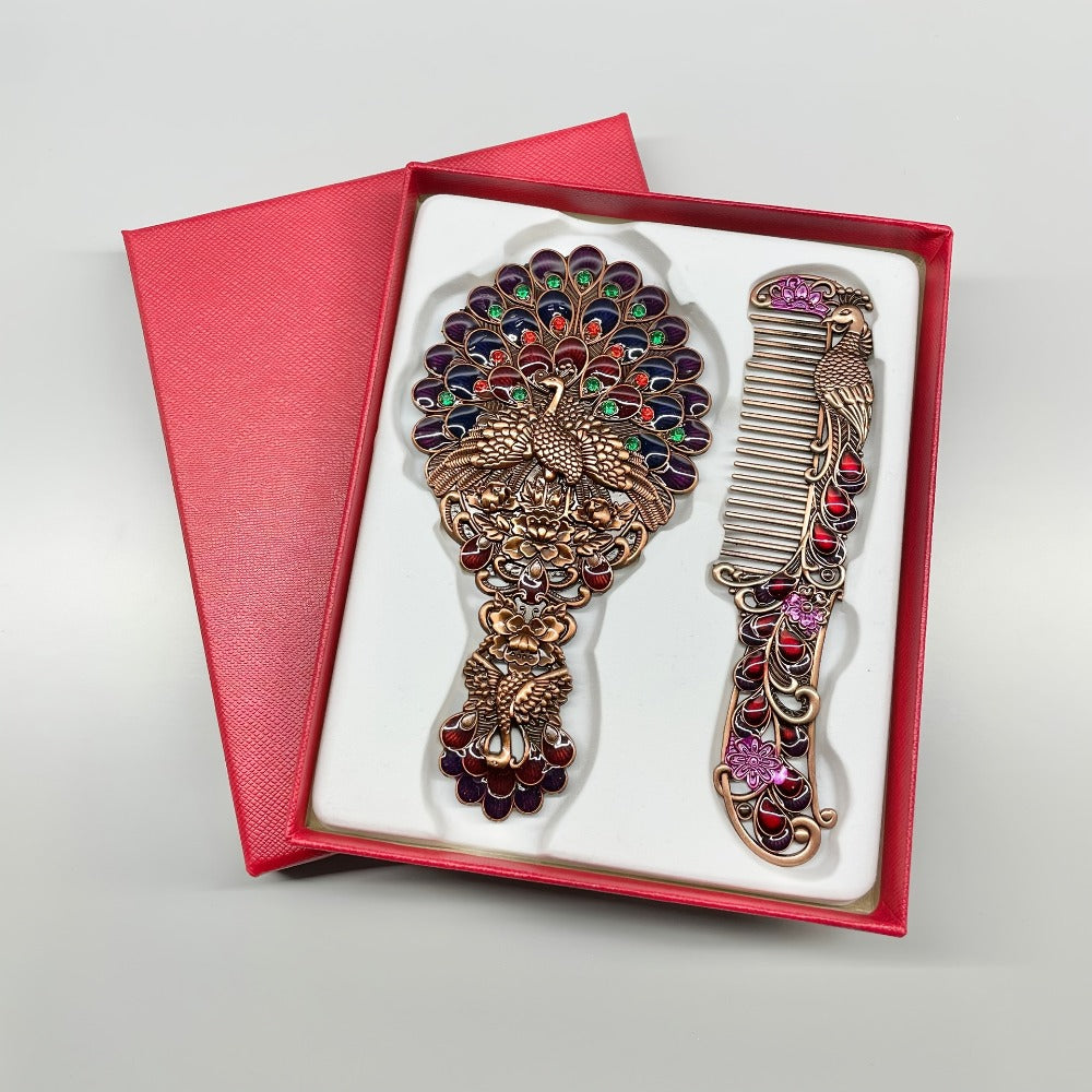 Vintage Peacock Hair Comb and Mirror Set 2 Pcs – Fine-Tooth Stainless Steel Decorative Butterfly Flower Portable Handheld Mir