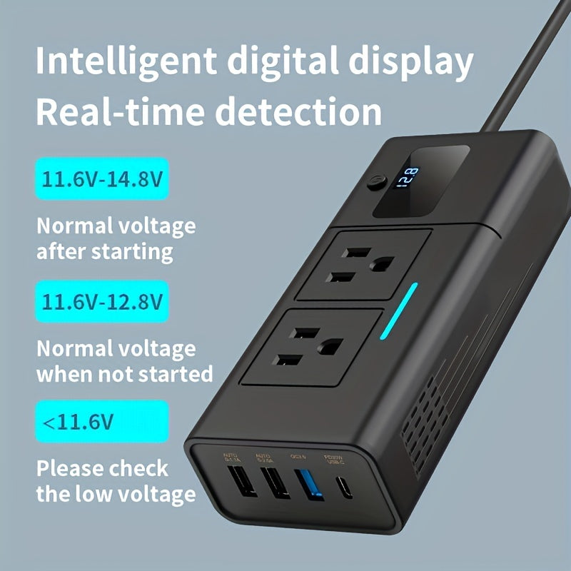 Black 200W Elongated Car Power Inverter Hub with Multiple 110V AC Outlets, USB Ports and Display — image 2