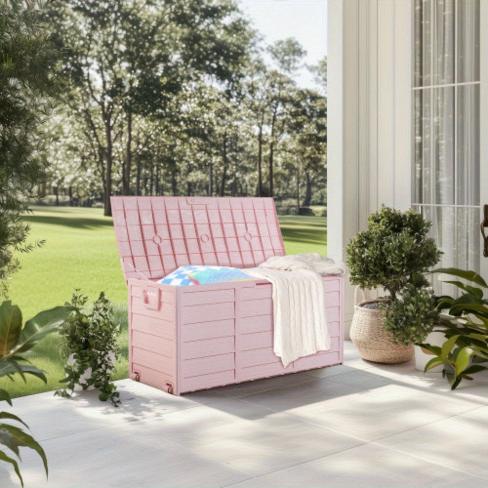 75-Gallon Outdoor Deck Storage Box with Hinged Lid, Side Handles and Pink or Green Options — image 3