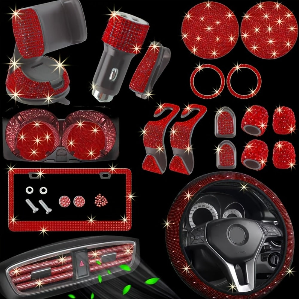 27pcs Bling Car Accessories Set for Women – Steering Wheel Cover 15", Car Coasters, License Plate Frame & Phone Holder — imag