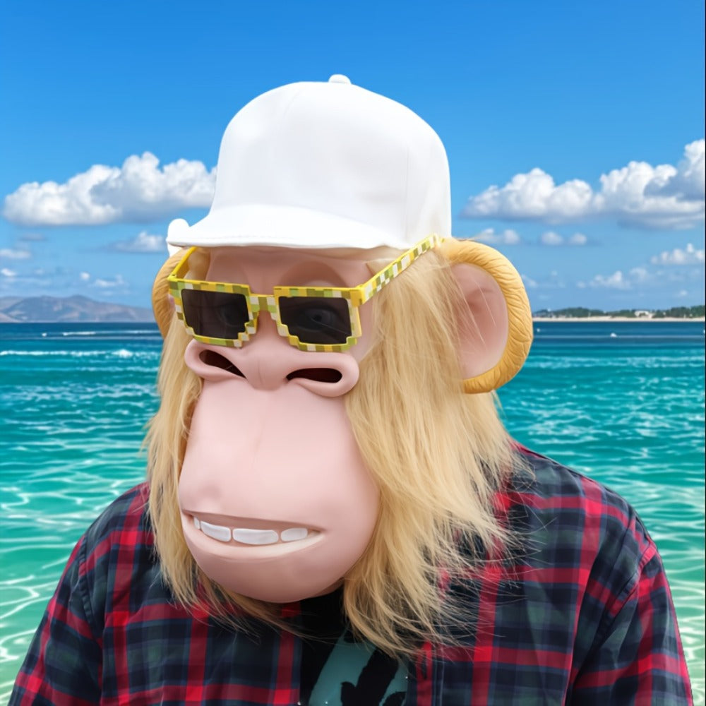 White-Haired Cartoon Ape Full-Head Costume Mask with White Cap and Pixel-Style Glasses in Two Face Styles — image 2