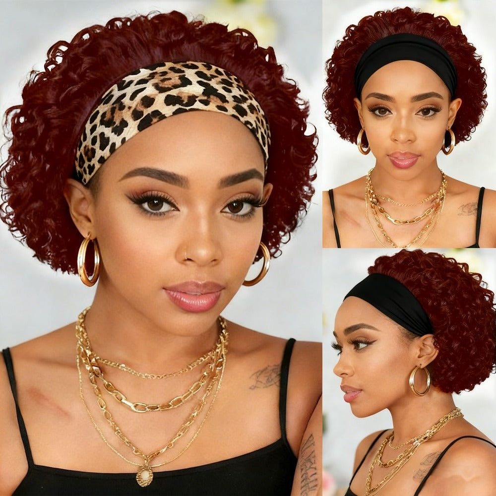 Kinky Curly Headband Wig Human Hair Brazilian 150% Density Glueless 6 Inch | No Glue No Gel Black Burgundy Rust | Beginner Fr
