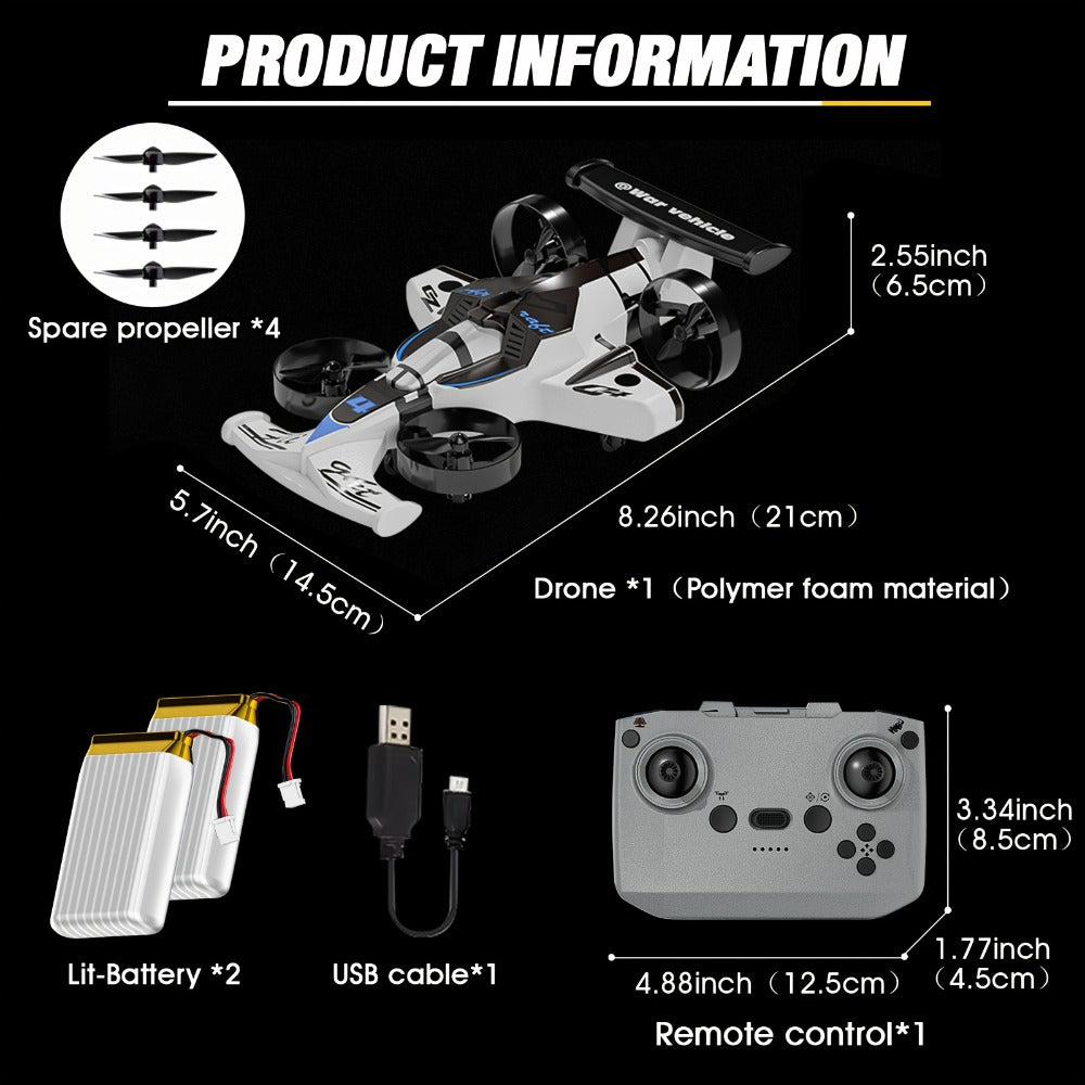 Two-in-One RC Drone and Ground Car with White Body, Two Batteries and Propeller Guards for Indoor Play — image 2