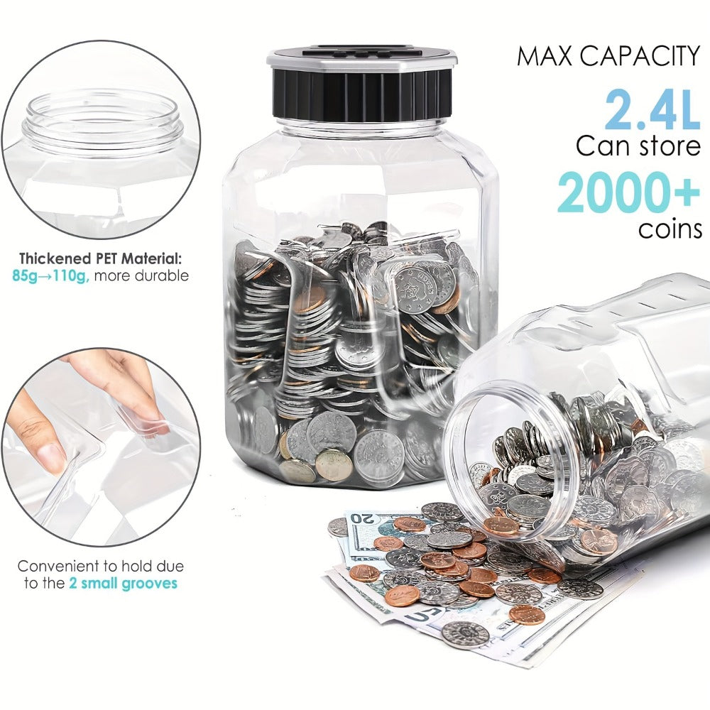 Digital Coin Counting Piggy Bank for Adults, Extra Large 2.4L LCD Counter Jar, Transparent Acrylic Money Saving Bank with Dis
