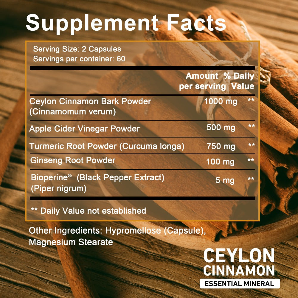 Ceylon Cinnamon Capsules 120 Count with Apple Cider Vinegar Turmeric Bioperine & Ginseng for Bath Time, Home Spa and Personal