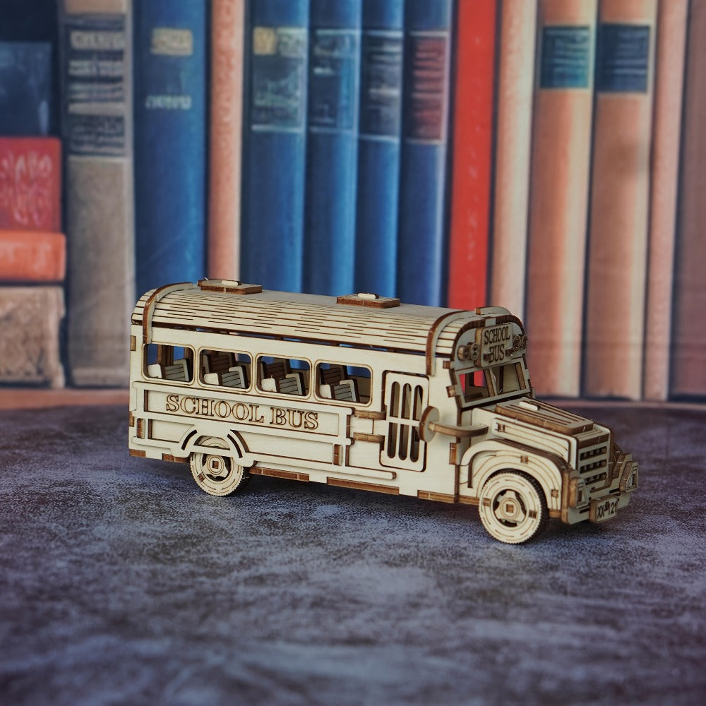 Wooden School Bus Model Kit with Laser-Cut Panels, Rolling Wheels and 20.5 cm Display Length — image 4