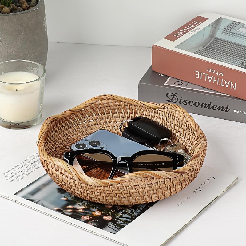 Rattan Tray Bowl – 8.5 Inch Hand Woven Natural Wicker Basket Tray for Fruit, Bread, Keys, Tabletop Decor, Kitchen, Entryway &