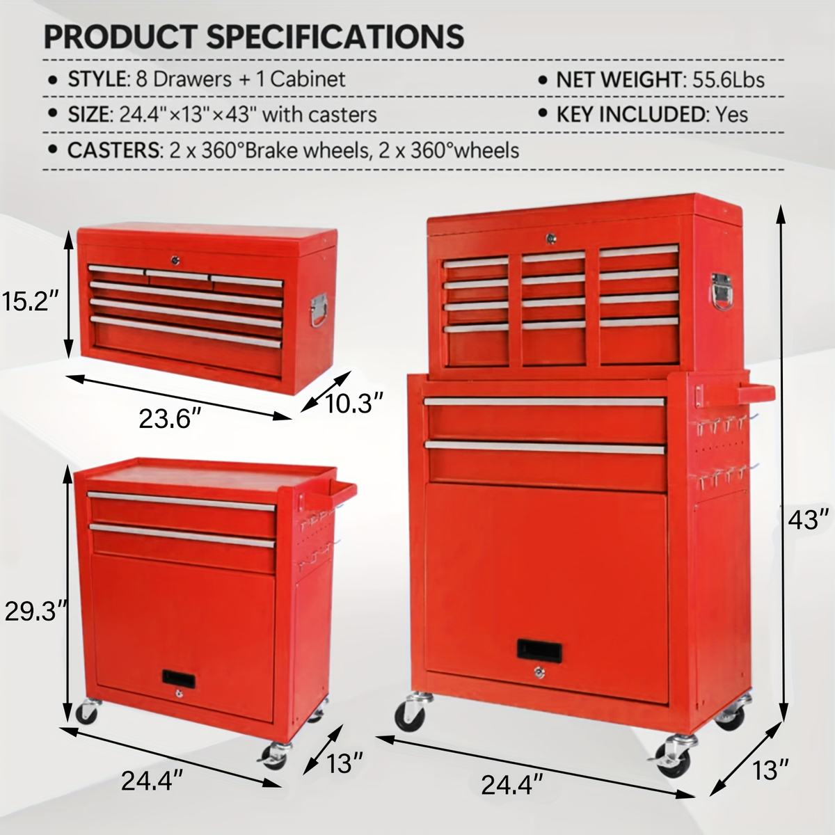 Rolling Tool Chest, 8-Drawer Alloy Steel 2-in-1 Mobile Workbench Detachable Top Lockable Wheels Garage for Garden — image 7