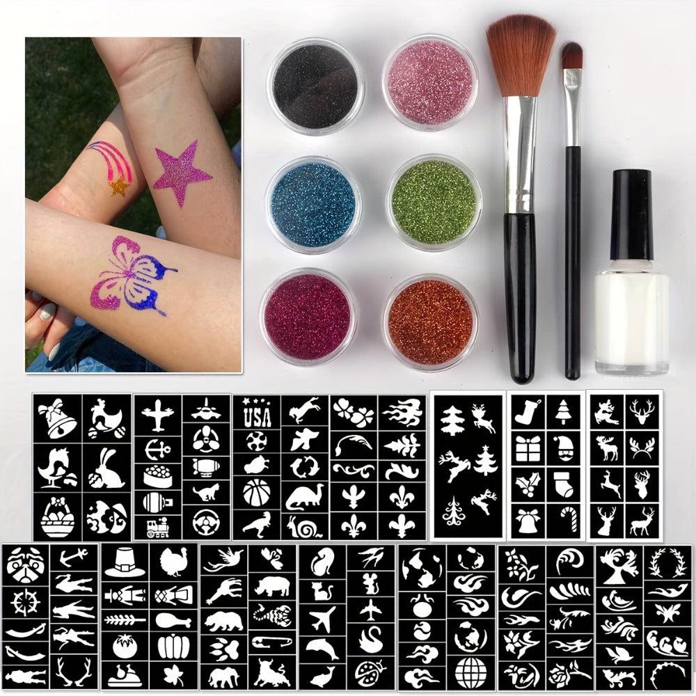 Glitter Tattoo Kit for Kids & Adults, 14 Stencil Sheets 6 Metallic Colors Skin-Safe Body Glue 2 Brushes — image 4