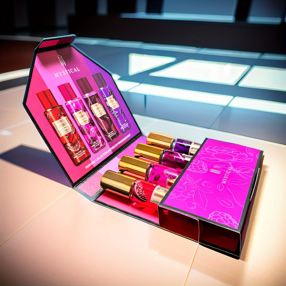 Perfume Gift Set MYSTICAL Four 20ml Eau de Parfum Spray Bottles with Gold Caps in Pink Floral Box — image 3