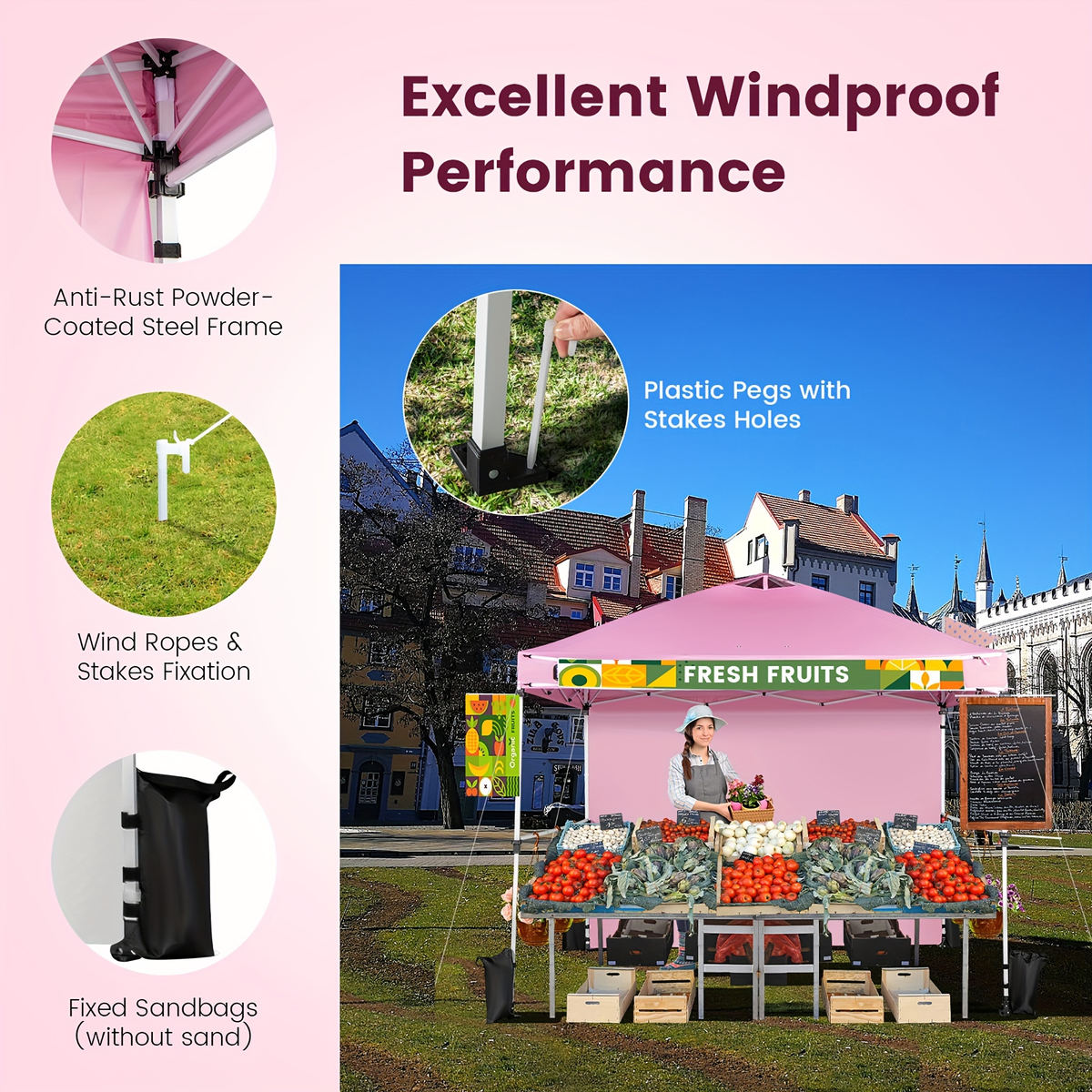 Pink 10x10ft Commercial Pop-Up Canopy Tent with Sidewall, Hanging Bars, Crossbars and Banner Strip — image 10