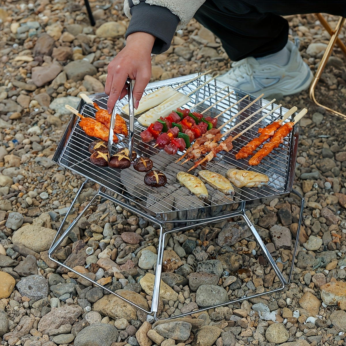 Hexagonal Folding Charcoal Grill with Stainless-Steel-Color Frame, Open Grid and Carry Bag for Outdoor Use — image 7