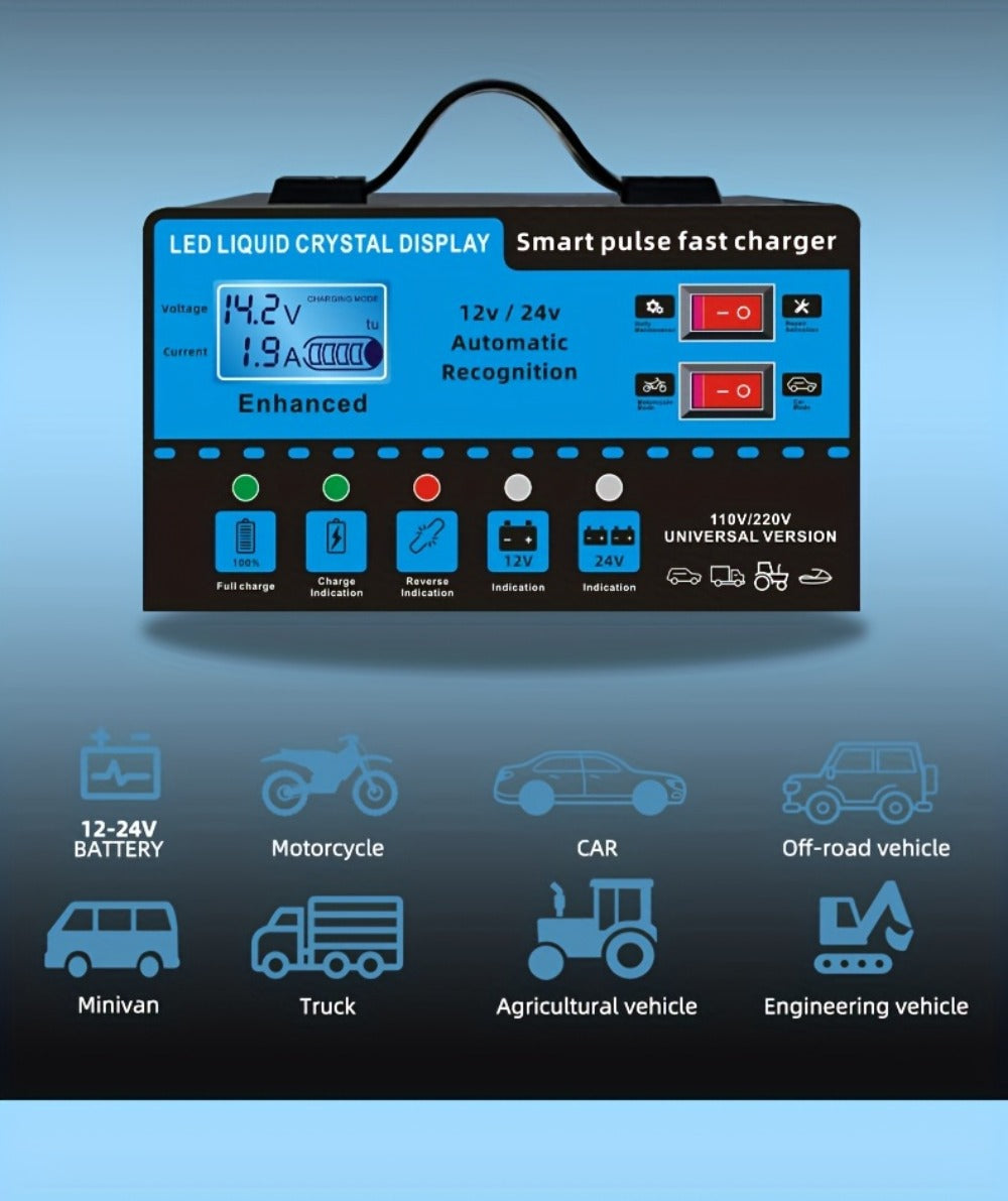 Intelligent Battery Charger & Inverter 12V & 24V – LCD Display, Trickle Maintenance, Overcharge & Short Circuit Protection fo