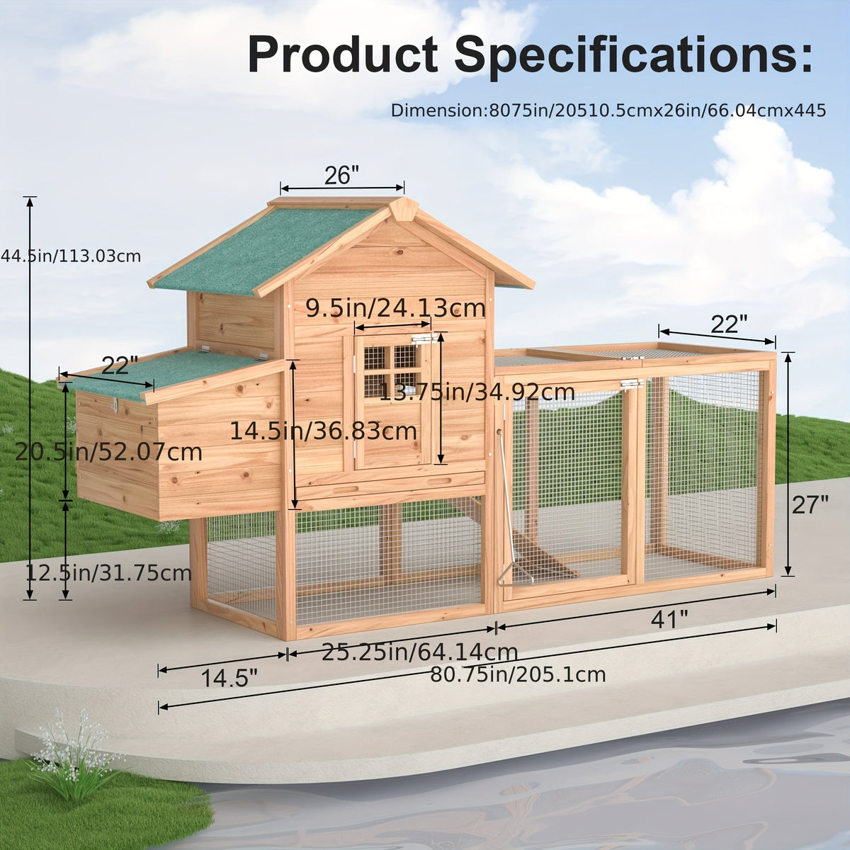 Wooden Rabbit Hutch Outdoor Chicken Coop with Run Nesting Box Ramp Sliding Tray Asphalt Roof Fir Wood for Garden, Patio and Y