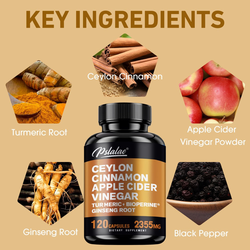 Ceylon Cinnamon Capsules 120 Count with Apple Cider Vinegar Turmeric Bioperine & Ginseng for Bath Time, Home Spa and Personal