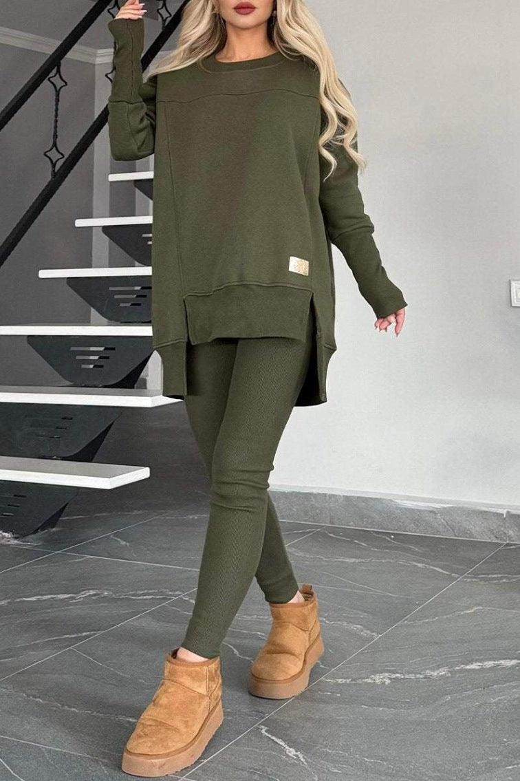 Women's Slit Long Sleeve Top And Trousers Suit