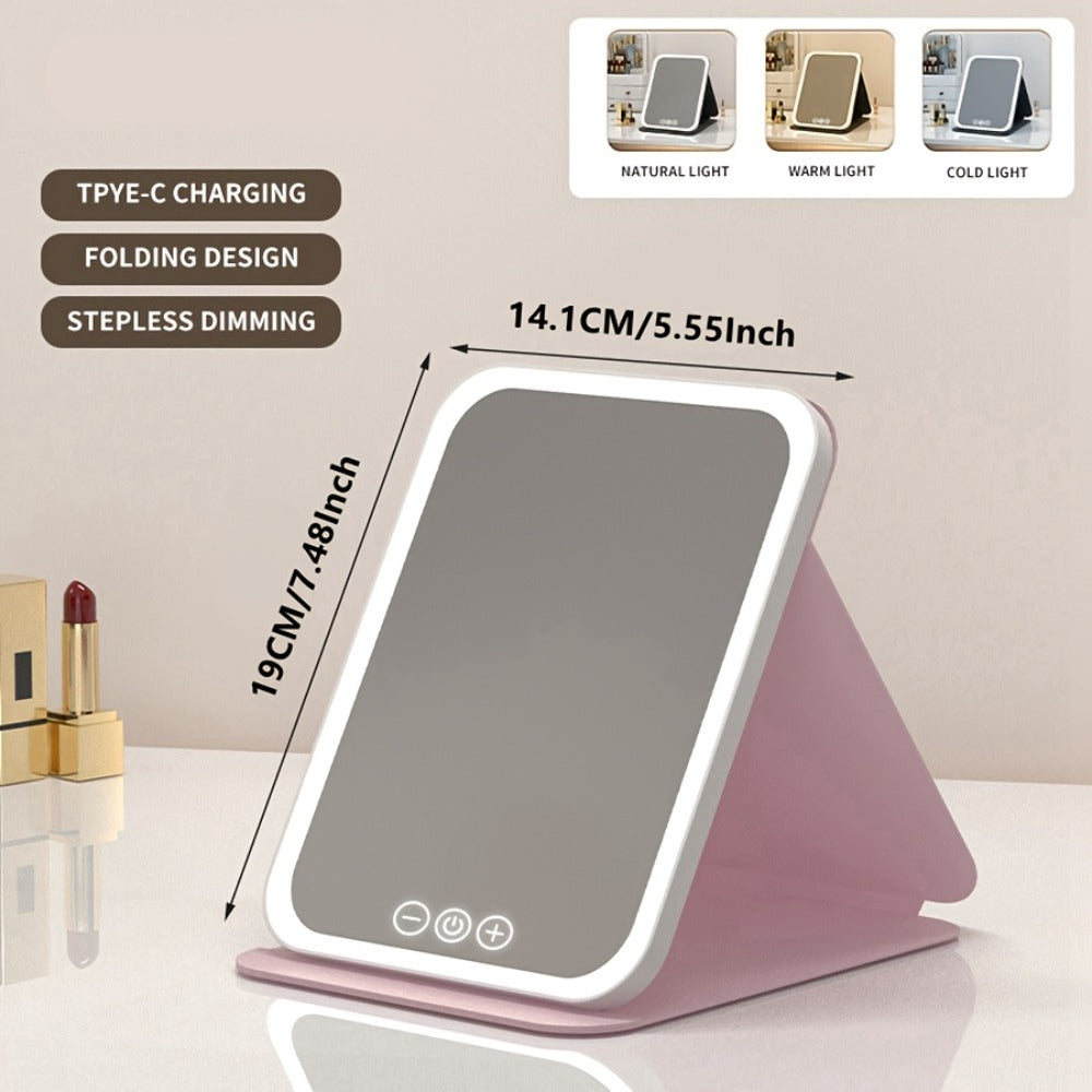 Makeup Mirror Foldable LED Travel Stand with Three Light Colors, Touch Dimming, USB Charging and Pink or White Options — imag