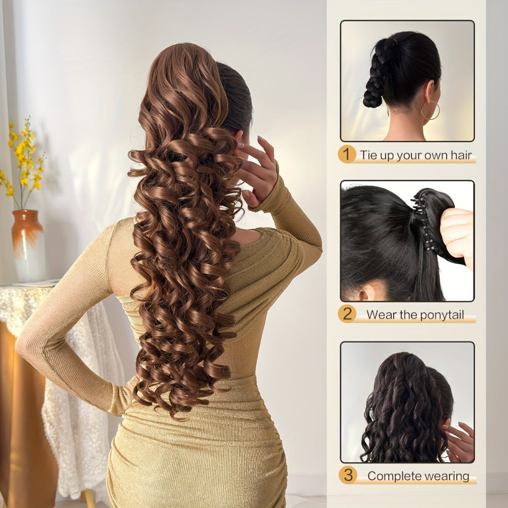 Curly Ponytail Extension 28 Inch Long Heat Resistant Synthetic Clip In Wrap Around Hairpiece Voluminous Bouncy Curls 4 Styles