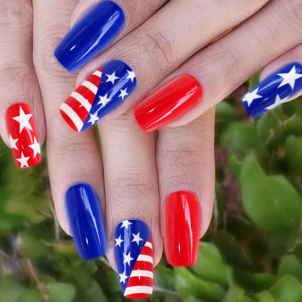 Press On Nails 216-Piece Medium Coffin Nine-Pack Red White Blue Stars and Stripes Patriotic Set — image 7