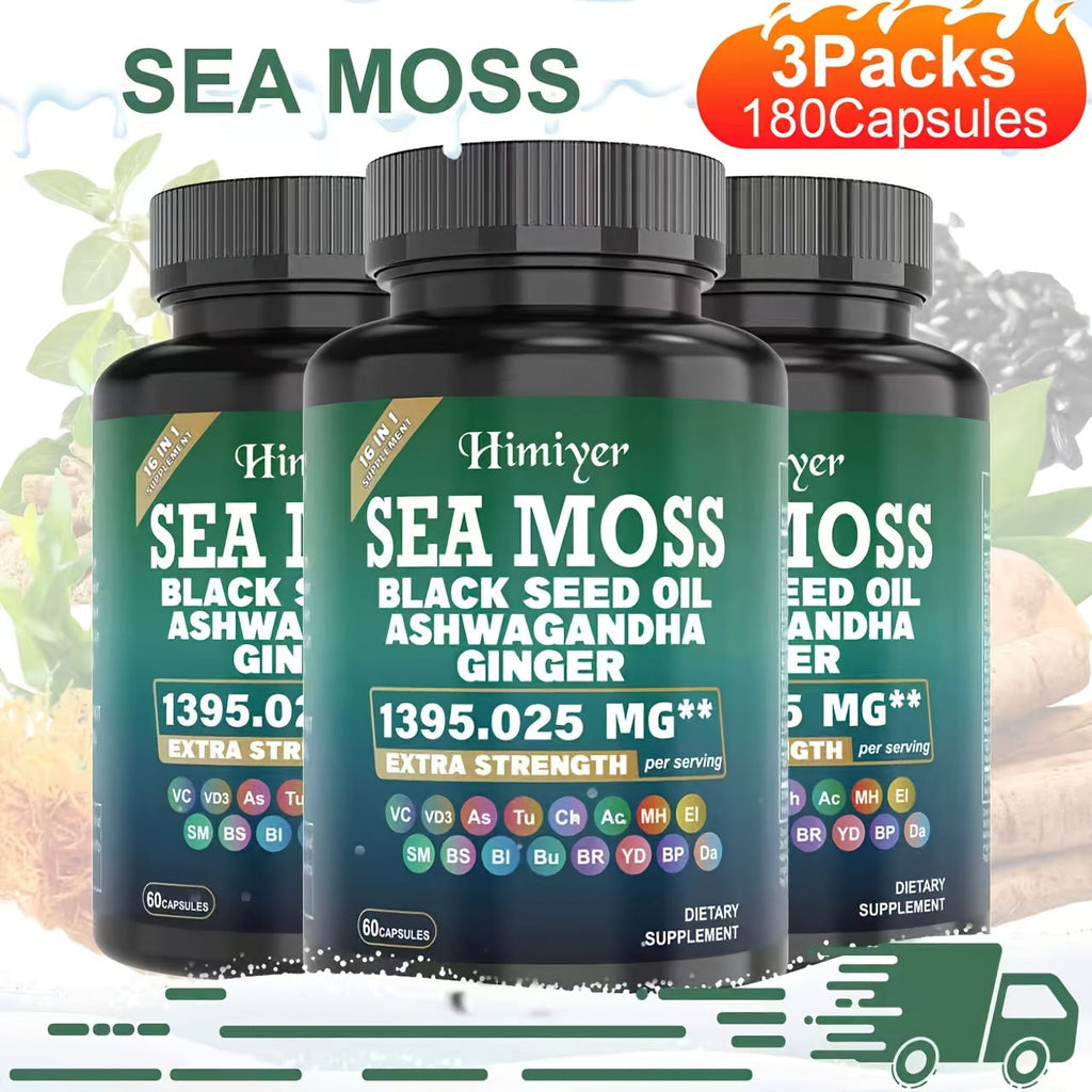 Sea Moss Ashwagandha Capsules 16-in-1 with Black Seed Oil Turmeric Cinnamon, Boosts Energy Immunity & Athletic Performance — 