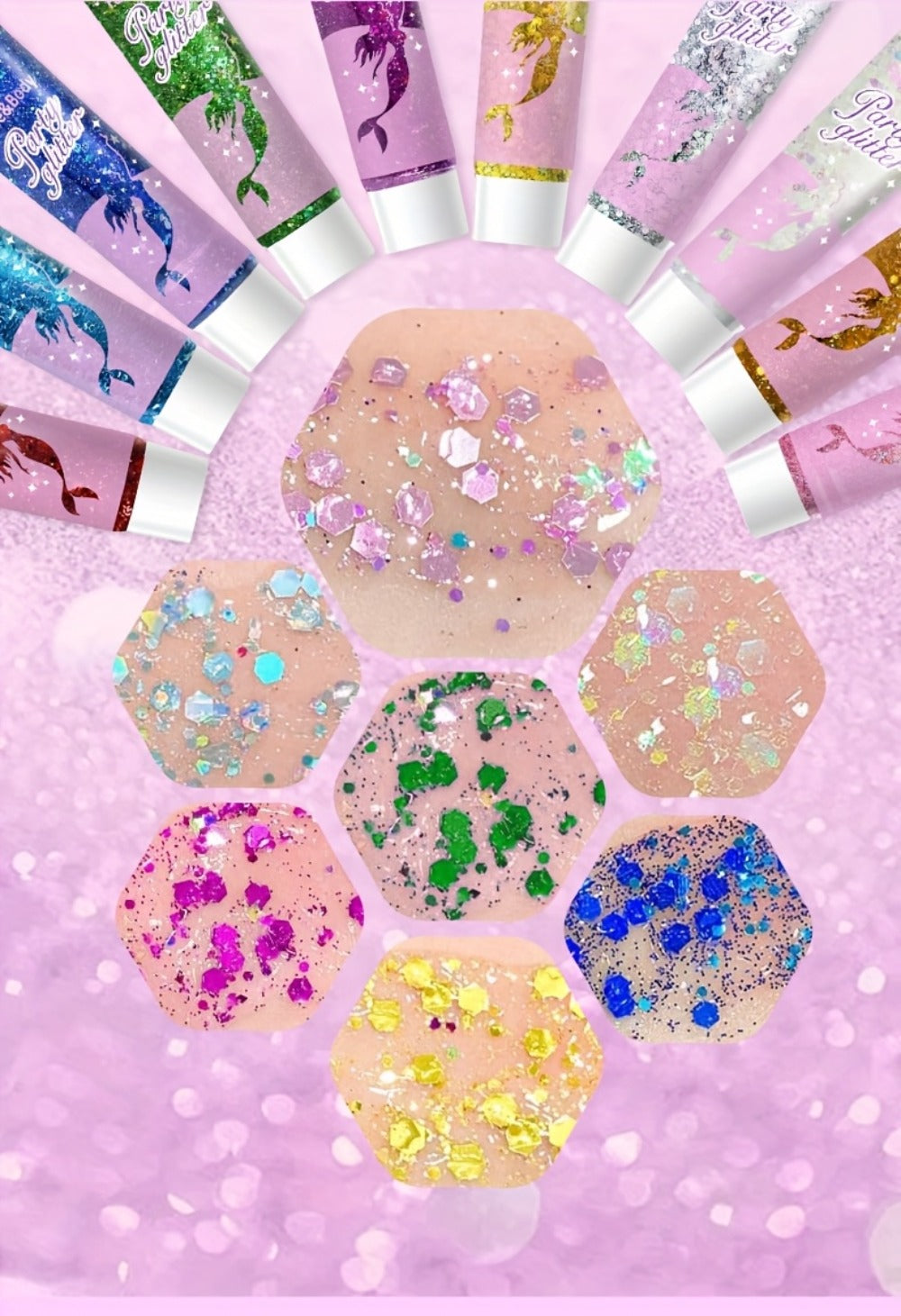 Face Body Glitter Gel Set 30 Pieces – Colorful Shapes Mermaid Sequin Stars Hearts, Transparent Gel Base, Skin-Safe Shimmer Ma