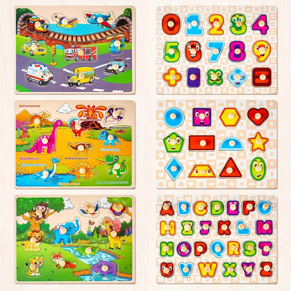 Six-Board Wooden Peg Puzzle Set with Metal Storage Rack and Scene or Animal Theme Checkout Options — image 3