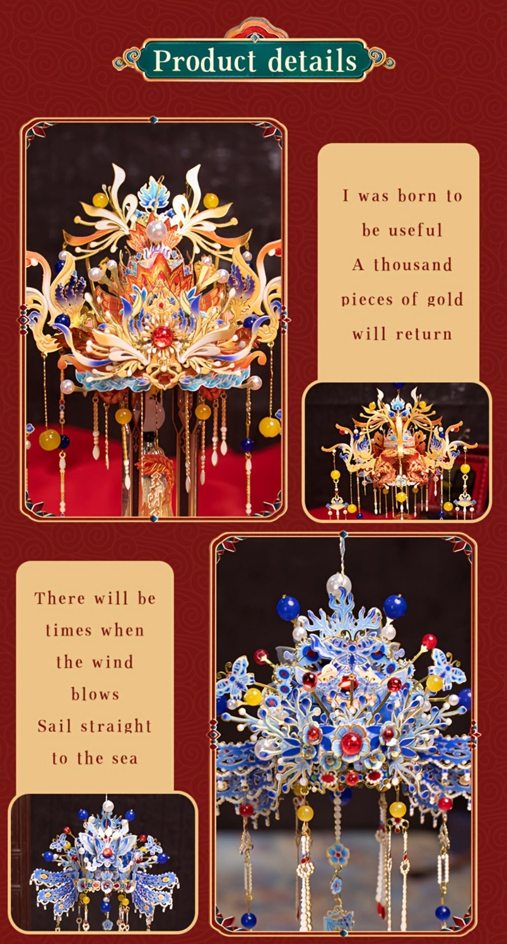 3D Metal Puzzle Phoenix Crown Qingluan – Blue & Gold DIY Assembly with Beads & Tassels, Chinese Mythology Art Collectible — i