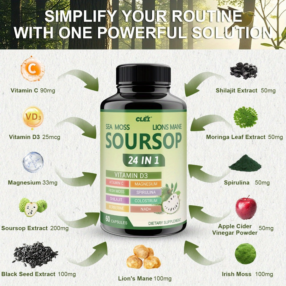 Herbal Supplement with CLEI Label, Soursop Graviola 24-in-1 Capsules, 60 Count, One or Two Bottles — image 4