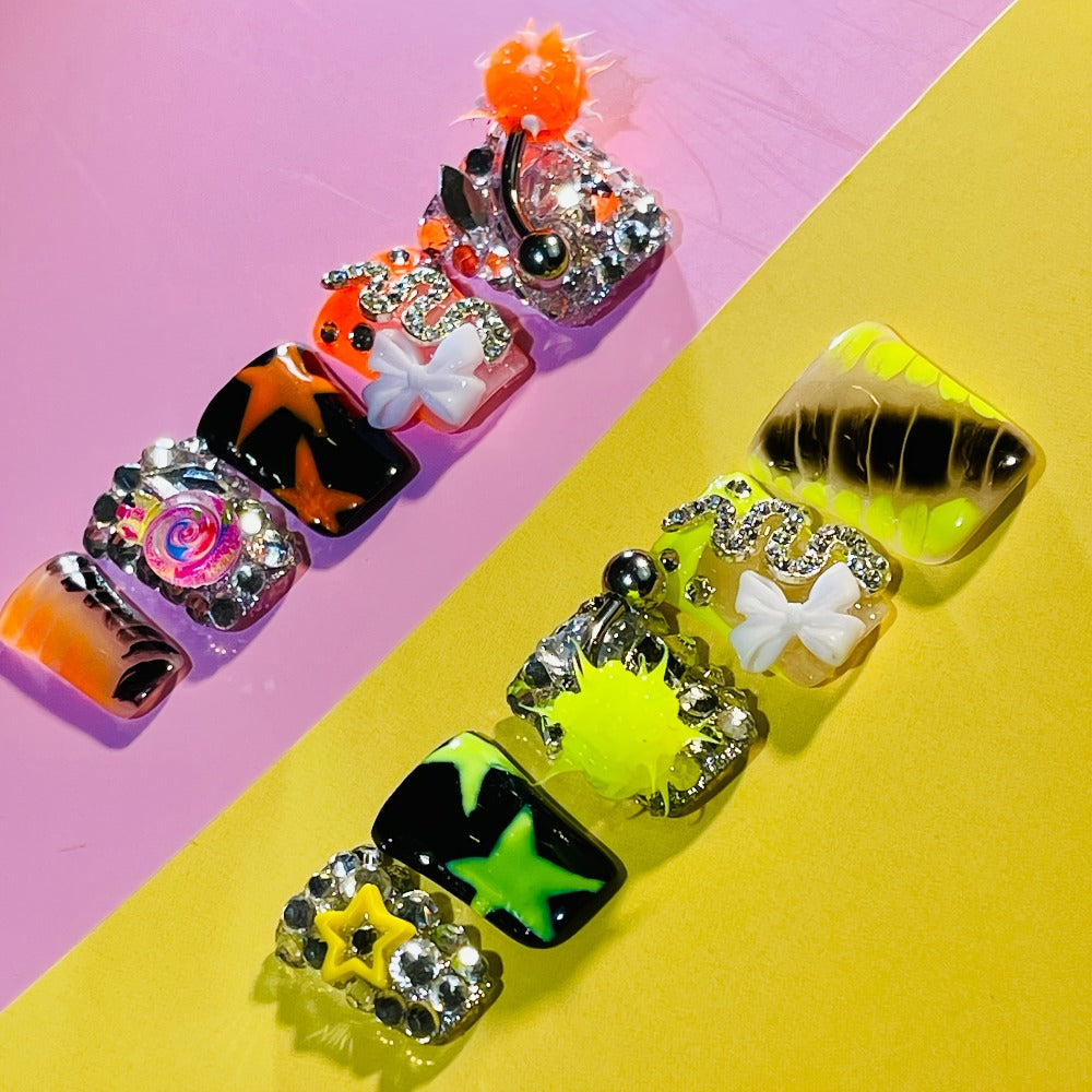 Press On Nails Handmade Y2K Duckbill Set with 3D Eye Barbell Star Rhinestone Charms and S M L Sizes — image 12