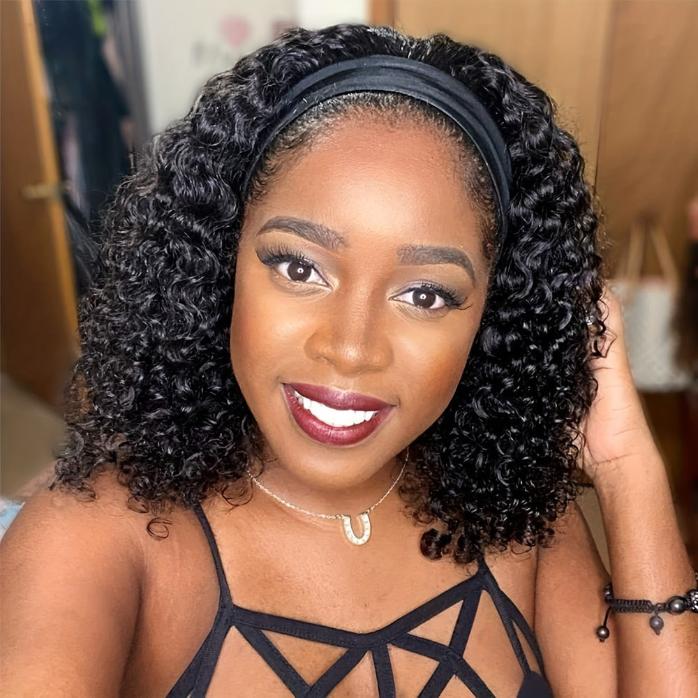 Headband Wig Human Hair Short Curly Pixie 14 Inch No Glue No Lace Glueless Wear and Go Natural, for Home, Travel and Salon Ha