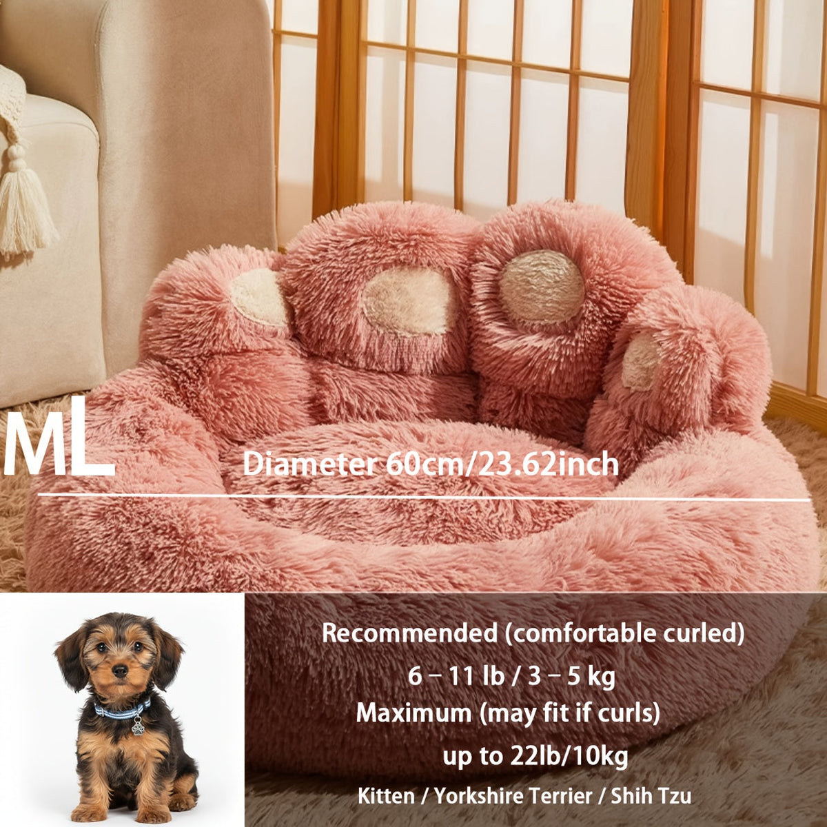 Bear Paw Plush Dog Bed with Filled Cushion Design in Pink, Grey or Coffee and Four Length Options — image 13