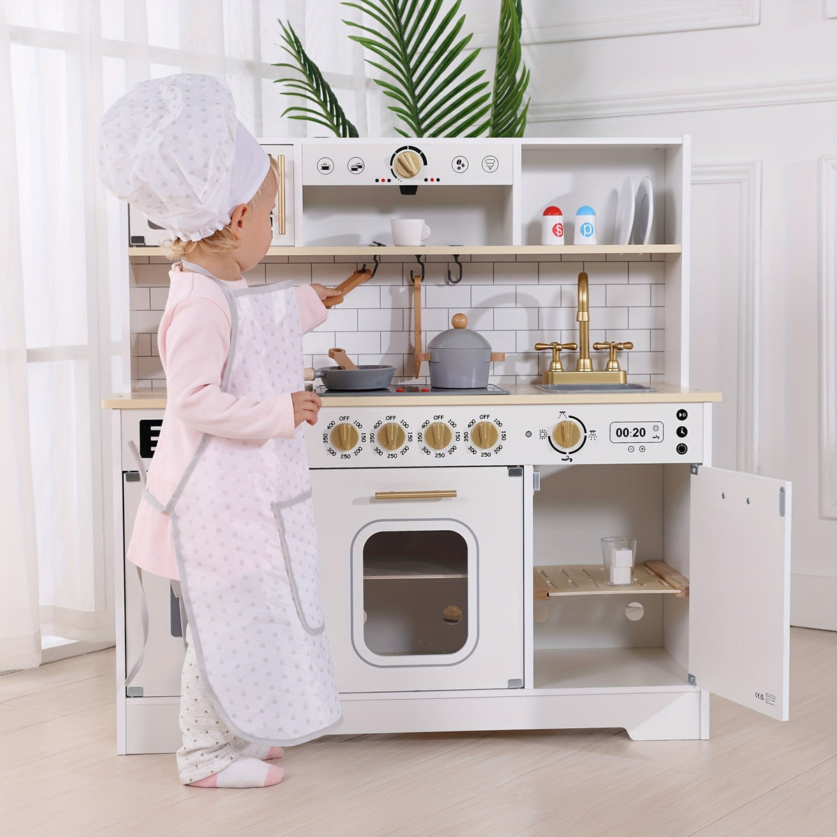 Kids Play Kitchen Set with Sink Oven Stove Dishwasher Coffee Maker Ice Maker Microwave for Home Cooking, Dining and Outdoor M
