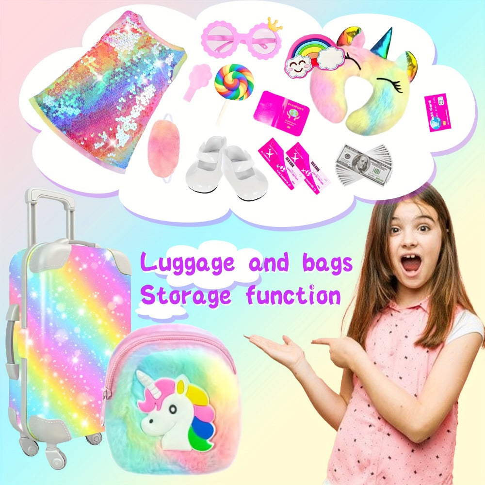 Twenty-Four-Piece Travel Accessory Set for 18-Inch Dolls with Rainbow Suitcase, Sequin Dress and Shoes — image 7