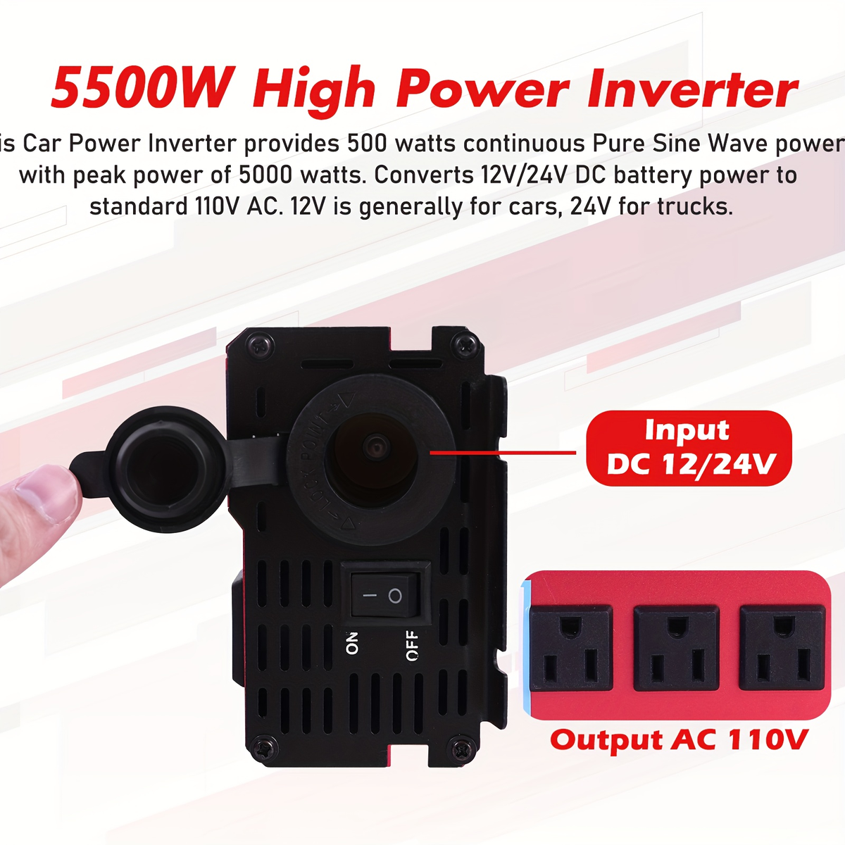 DC to AC Inverter 4000W 5500W 6500W 16000W Peak DC 12V to AC 110V High Power Car Inverter with USB Ports for Garden, Patio an