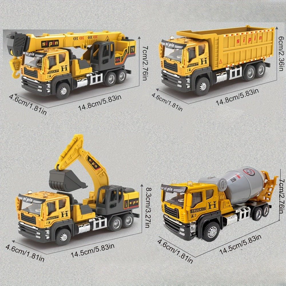 Die-Cast Construction Vehicle Toy Set, Mini Alloy Excavator, Dump Truck, Cement Mixer & Crane Trucks for Toddlers Boys Ages 3