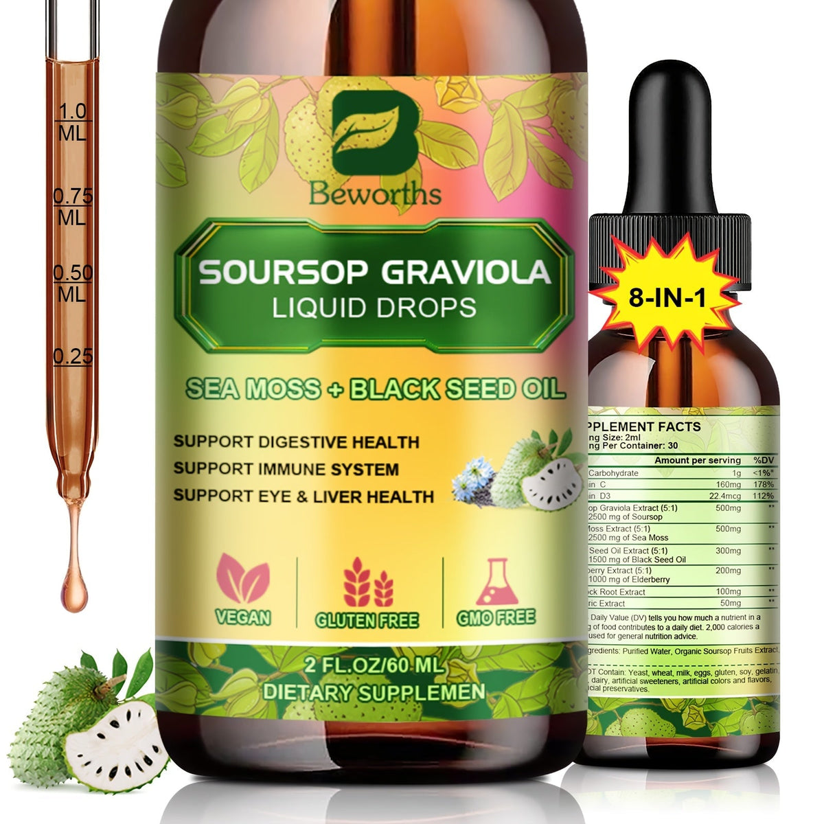 [8-IN-1 Soursop Drops] 1/3 Bottles 8-IN-1 Soursop Liquid Drops, Graviola Leaf & Fruit Complex Supplement With Sea Moss — imag