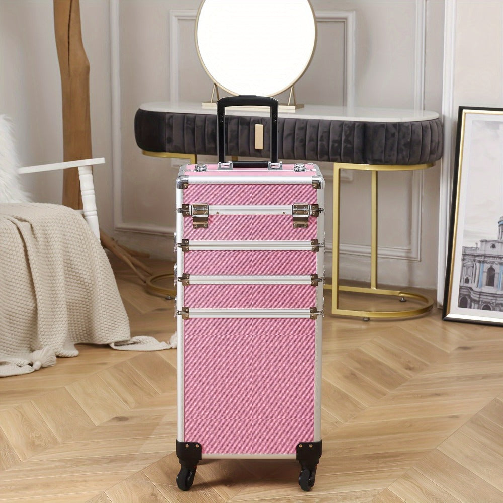 Rolling Makeup Case Aluminum 4-in-1 Extra Large Professional Cosmetic Trolley with 360° Swivel Wheels for Makeup Artist Tatto
