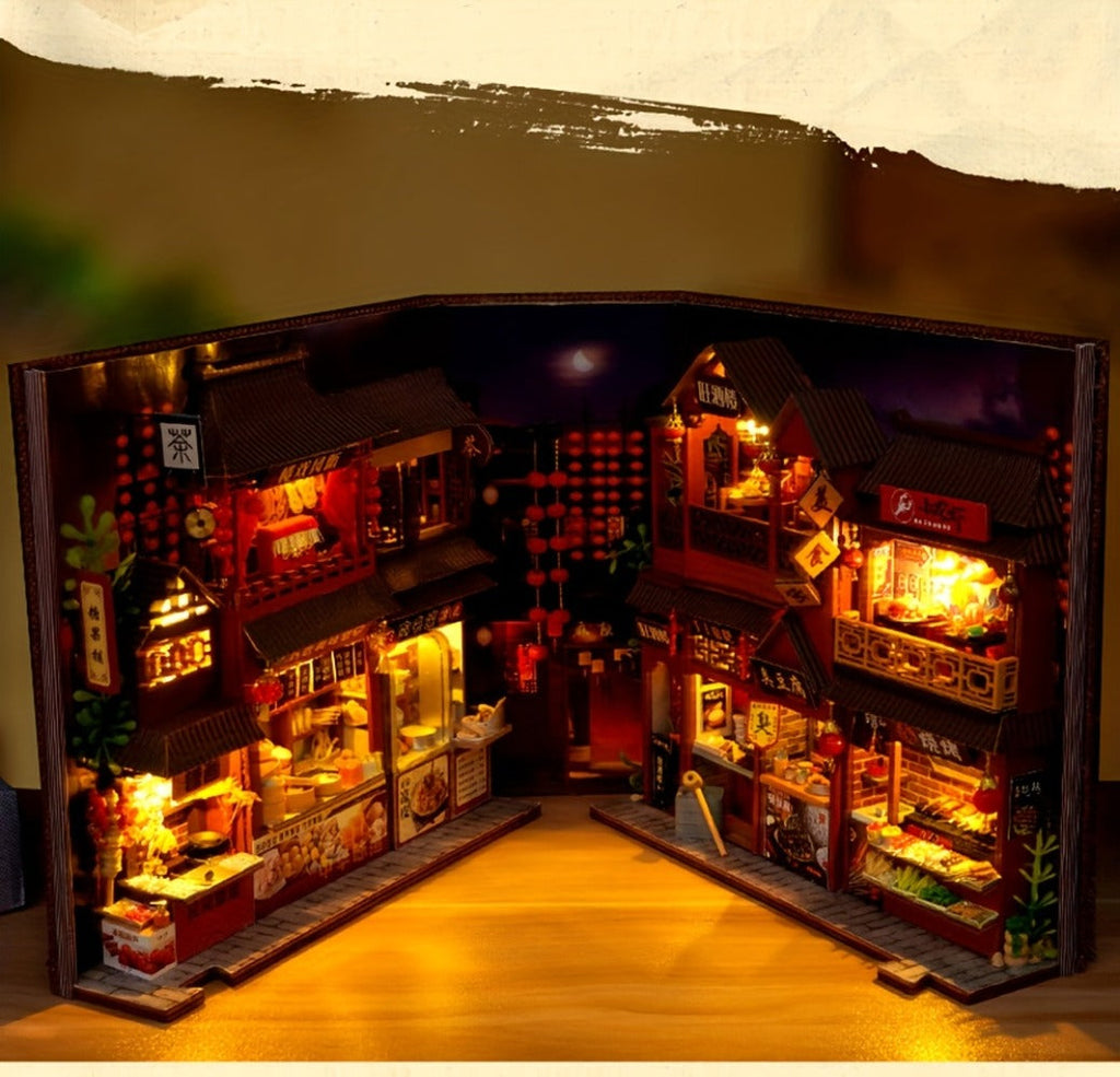 Book Nook Kit Chinese Food Street Miniature Dollhouse 3D Wooden Puzzle Bookshelf Insert DIY Model Building Set for Adults Tee