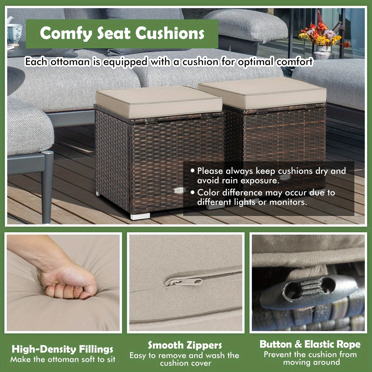 Outdoor Wicker Ottoman Set of 2 with Hidden Storage – PE Wicker Footstools with Detachable Cushions, Side Table & Extra Seati