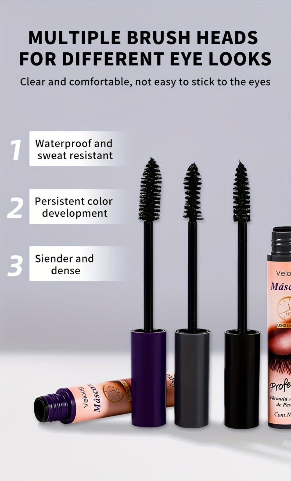 Waterproof Mascara Set 3 Piece, Lengthening Volumizing Curling Lash Mascara with Sea Urchin Spiral Conical Brush Heads — imag