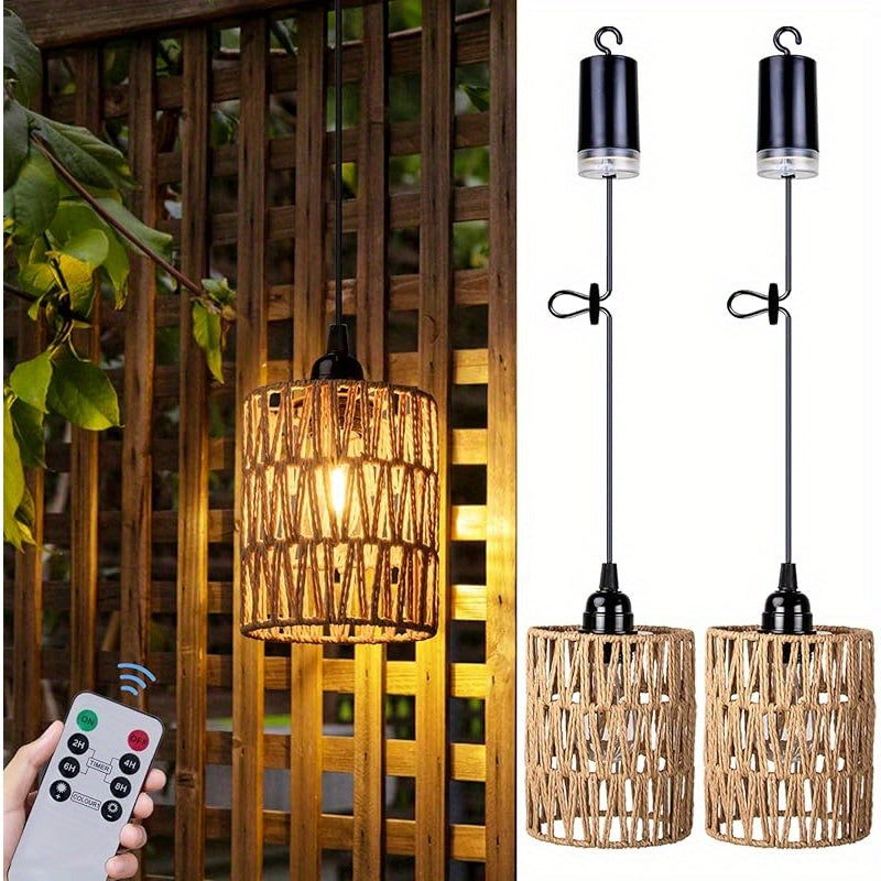 Battery Operated Pendant Light Rattan Boho Chandelier Hanging Light Warm White Bulb Wireless No-Wiring for Gazebo Pergola Por