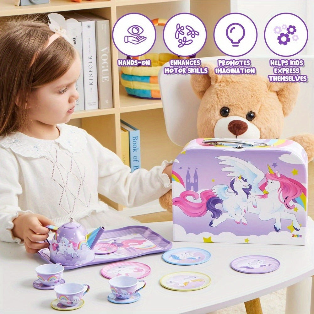 Purple Unicorn Tin Tea Set in Carry Case with Teapot, Four Cups, Four Saucers and Five Plates — image 11
