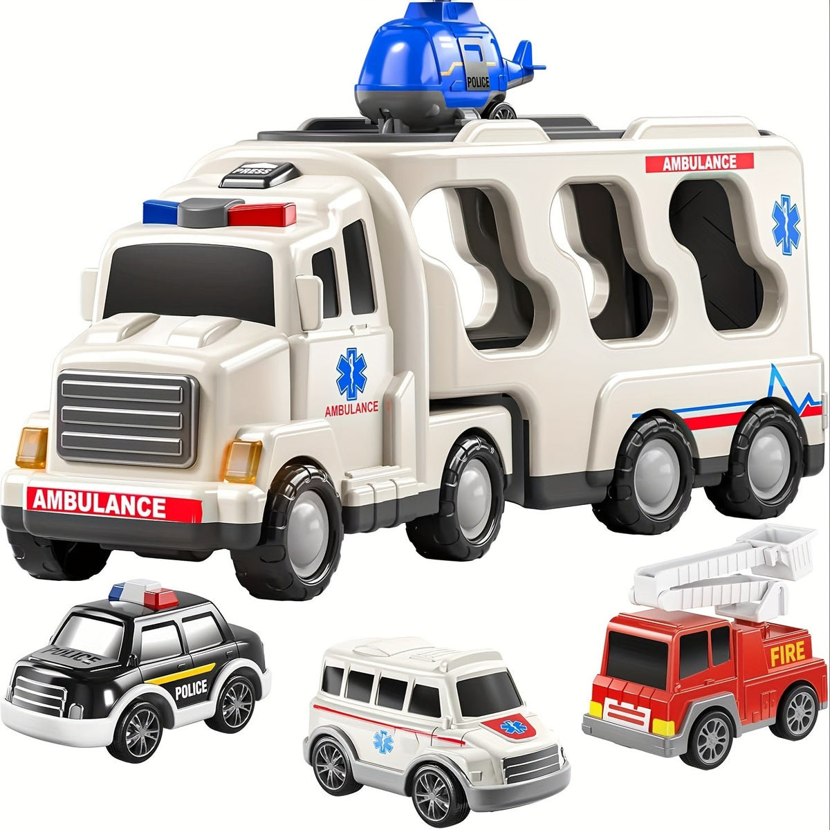 Ambulance Truck Toy Set for Boys, 5-in-1 Friction Power Carrier Truck with Lights & Sounds — image 15
