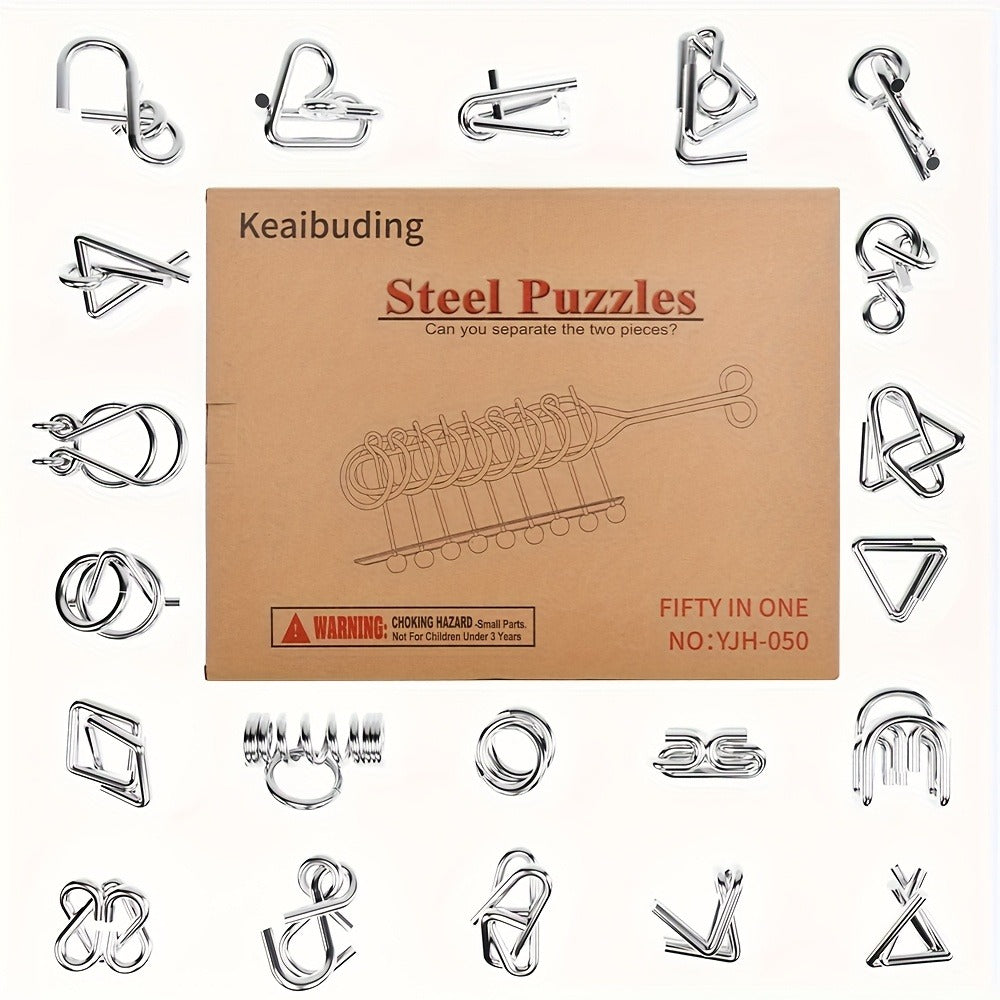 Metal Brain Teaser Puzzle Set 50 Pack, Golden Unlock Iron Chain Link Toys, Nine Rings Kongming Lock — image 4