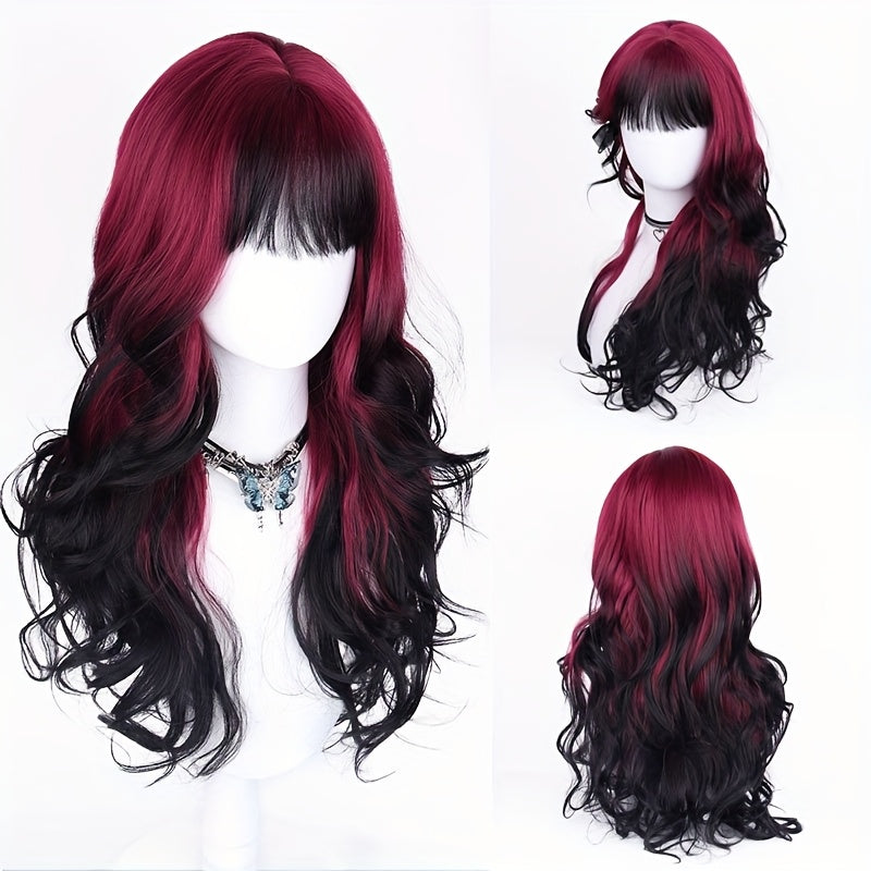Long Curly Wig Black Red Highlights 28 Inch Wavy Synthetic Rose Net Cap Glamorous Voluminous Hair for Women Cosplay Party Hal